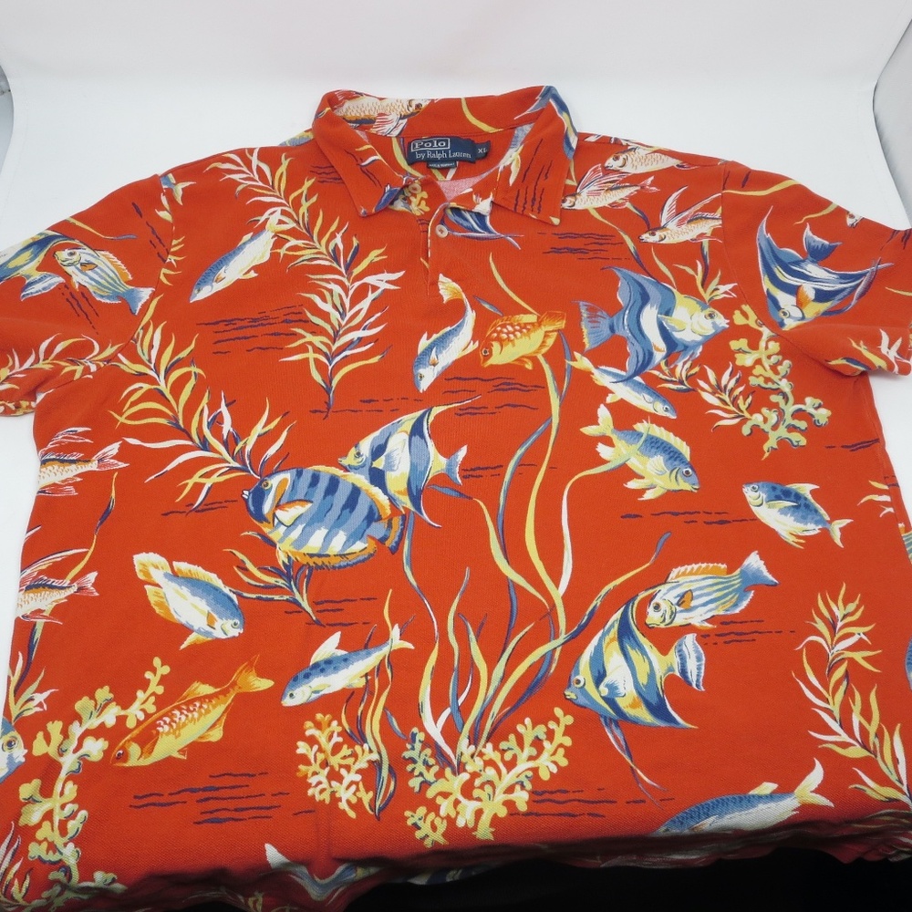 Vtg Polo Ralph Lauren XL Polo Shirt Orange Red Hawaiian Tropical Fish Coral Reef